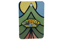 Load image into Gallery viewer, Butterfly Pavilion pin with mountains, leaves, flowers, a butterfly, a tarantula, and another insect. There are also polka dots on the black background.