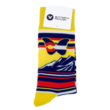 Load image into Gallery viewer, Halo Butterfly Pavilion Colorado Butterfly and Mountain yellow, red, blue, and white socks.