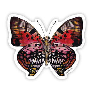 J6R6 US made 4" x 3" hand painted red, orange, yellow, pink, black, and white Charaxes Zingha Butterfly decorative water, weather, scratch, and UV resistant clean, dry and smooth surfaces adhesive die-cut durable vinyl sticker against white background.