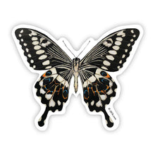 Load image into Gallery viewer, J6R6 US made 4" x 3.5" hand painted black with white spots and blue and orange accent Black Swallowtail Butterfly decorative water, weather, scratch, and UV resistant clean, dry and smooth surfaces adhesive die-cut durable vinyl sticker against white background.