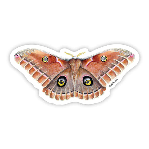 J6R6 US made hand painted orange with yellow, pink, white, and black accents Polyphemus Moth decorative water, weather, scratch, and UV resistant clean, dry and smooth surfaces adhesive die-cut durable vinyl sticker against white background.