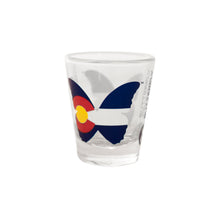 Load image into Gallery viewer, HALO 1.5oz clear shot glass with colorado flag inside butterfly and butterfly pavilion logo.