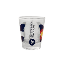 Load image into Gallery viewer, HALO 1.5oz clear shot glass with colorado flag inside butterfly and butterfly pavilion logo.