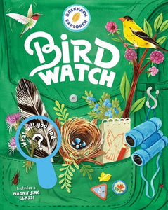 "Bird Watch" book cover that resembles a green backpack with a variety of flora, fauna, and outdoor-related items in and around pockets