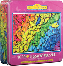 Load image into Gallery viewer, Tin puzzle with diagonal rows of butterflies creating a rainbow pattern

