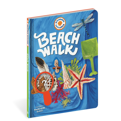 Beach Walk book with background and many items in the foreground including a starfish, sand shovel, dragonfly, and magnifying glass
