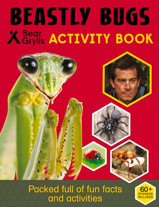 Beastly Bugs book with red background and pictures of a mantis, author Bear Grylls, and more insects... 60+ stickers inclued