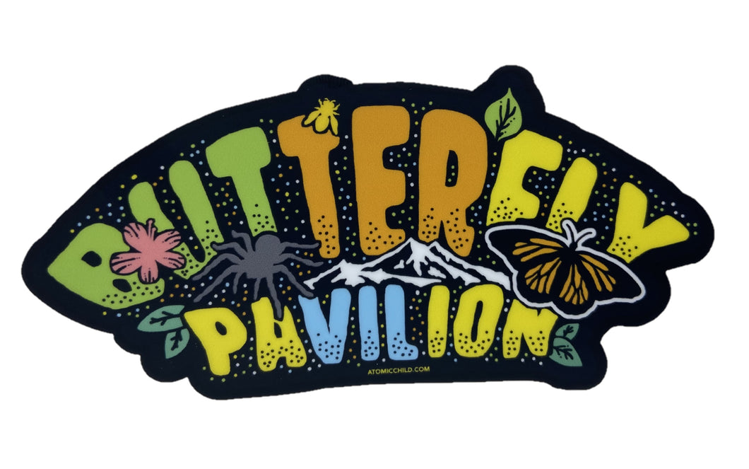 Butterfly Pavilion sticker with mountains, leaves, flowers, a butterfly, a tarantula, and another insect. There are also polka dots on the black background.