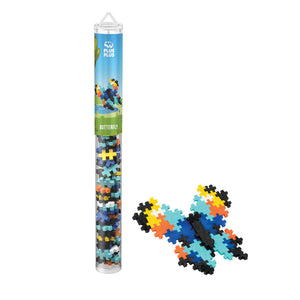 PlusPlus Butterfly clear with blue label building tube filled with 70 pieces .75" x .5" interlocking blocks with assembled 3D Orange, Yellow, Turquoise, Neon Blue, White, and Black butterfly on white background.