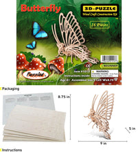 Load image into Gallery viewer, COTA 9″Lx5″Wx8.75″H Butterfly 3D Wood Puzzle Craft Construction Kit with 16 interlocking puzzle pieces, an instruction manual and 1 paper for sanding edges
