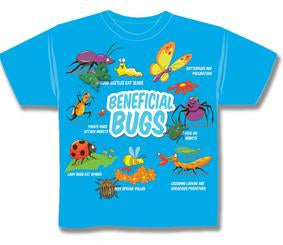 Blue t-shirt with the words "Beneficial Bugs" in lighter blue text with a white shadow. The words are surrounded by different insects as well as text with how they are beneficial.