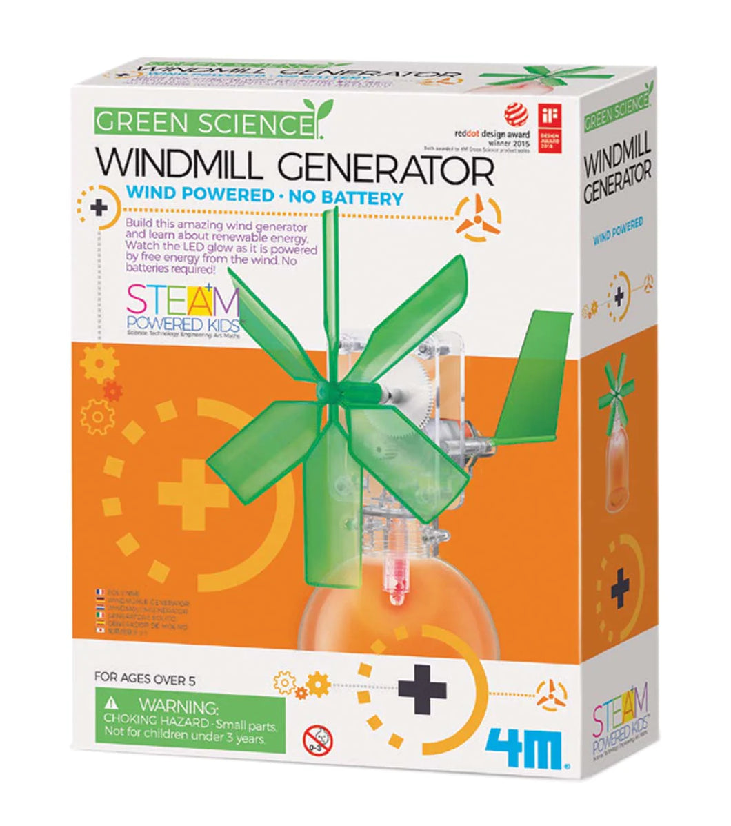 Toysmith Windmill Generator with no battery wind powered green 5 inches generator on white box with orange and green label against white background.