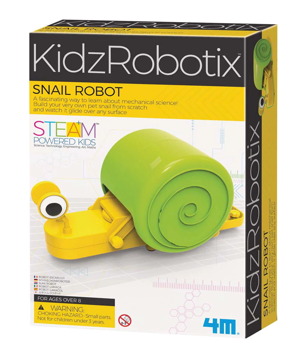 Toysmith Kidz Robotix yellow body green shell googly eye Snail Robot on white with yellow and black labelsbox on white background