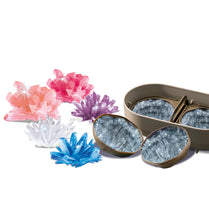 Load image into Gallery viewer, Toysmith Crystal Geode Growing Kit clear crystal geodes in case and light pink, hotpink, purple, blue, and white crystal geode laid out against white background.
