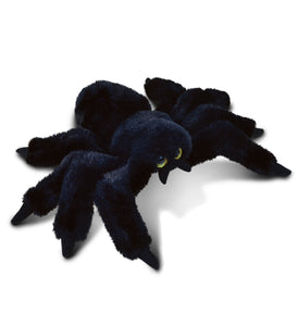 COTA Dollibu 7 inch black super soft spider stuffed animal plush toy with Butterfly Pavilion logo on stomach.