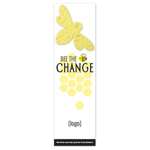 HALO long vertical white Bookmark Seed Packet Save the Bees Pollinator Pack with yellow bee and honeycomb graphic with black text Bee the Change with yellow seed bee shaped pack against white background.