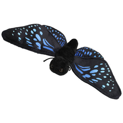 Black plush butterfly with blue patterning