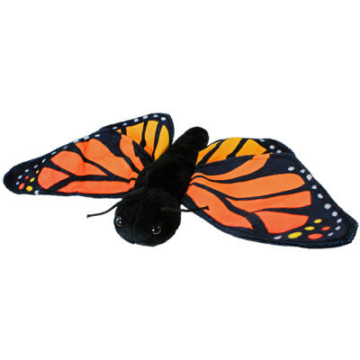 Black monarch plush butterfly with orange spectrum coloring