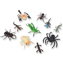 Load image into Gallery viewer, ThinAir Nature Bound Bug and Critter Set Realistic 10 piece 3” bugs and reptiles with scorpion, ant, grasshopper, chameleon, spotted gecko, giant spider, newt, lizard, giant bee and a black beetle on white background.
