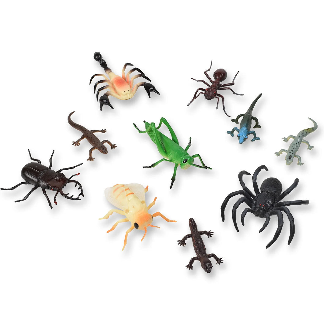 ThinAir Nature Bound Bug and Critter Set Realistic 10 piece 3” bugs and reptiles with scorpion, ant, grasshopper, chameleon, spotted gecko, giant spider, newt, lizard, giant bee and a black beetle on white background.