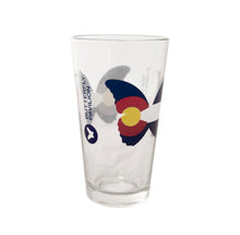 Load image into Gallery viewer, HALO 16oz clear pint beer glass with colorado flag inside butterfly and butterfly pavilion logo.
