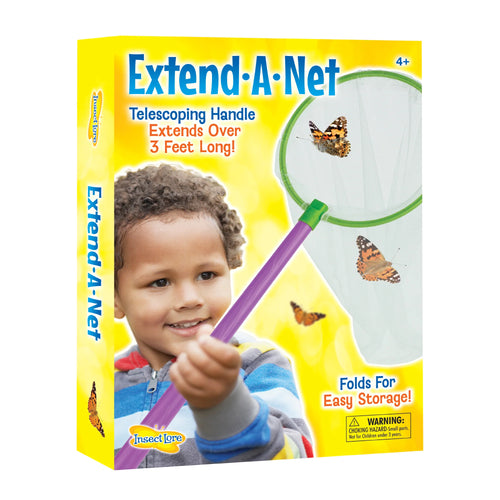 Insect Lore Extend A Net purple textured super grip telescoping handle and green 9-inch diameter and 38-inch long Butterfly Net held by young boy catching butterflies on yellow box against white background.