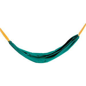 Hape green and yellow Pocket Hammock Swing hanging against white background.