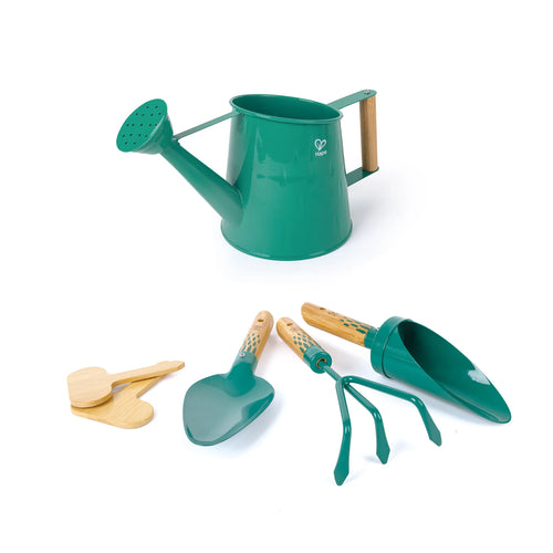 Hape Kids Gardening Tool Set with sturdy green water can and 5 gardening tools lay out in front against white background.