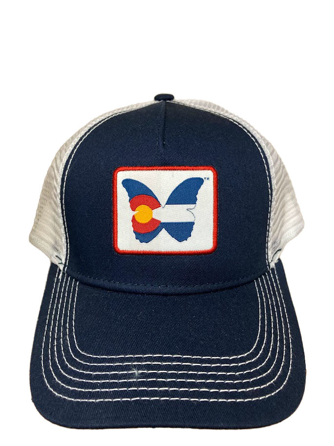 Navy Trucker Hat Butterfly Pavilion Logo