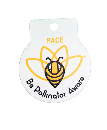 P.A.C.E (Pollinator Awareness through Conservation and Education) sticker with a bee drawing and the words 