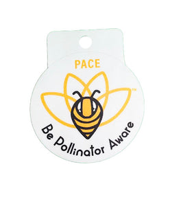 P.A.C.E (Pollinator Awareness through Conservation and Education) sticker with a bee drawing and the words "Be Pollinator Aware"