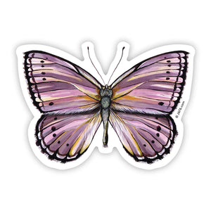 J6R6 US made 4" x 3" hand painted pink with black and yellow accents Spotted Lilac Tree Nymph Butterfly decorative water, weather, scratch, and UV resistant clean, dry and smooth surfaces adhesive die-cut durable vinyl sticker against white background.