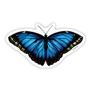 J6R6 US made 5" x 2.75" hand painted blue with black, white, and red accents Blue Morpho Butterfly decorative water, weather, scratch, and UV resistant clean, dry and smooth surfaces adhesive die-cut durable vinyl sticker against white background.