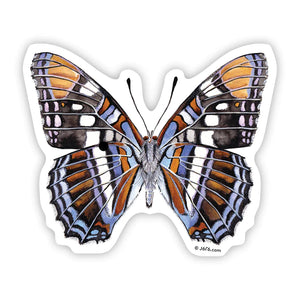 J6R6 US made 4" x 3.5" hand painted blue, orange, brown, white, and black Blue Arizona Sisters Butterfly decorative water, weather, scratch, and UV resistant clean, dry and smooth surfaces adhesive die-cut durable vinyl sticker against white background.