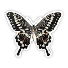 Load image into Gallery viewer, J6R6 US made 4&quot; x 3.5&quot; hand painted black with white spots and blue and orange accent Black Swallowtail Butterfly decorative water, weather, scratch, and UV resistant clean, dry and smooth surfaces adhesive die-cut durable vinyl sticker against white background.
