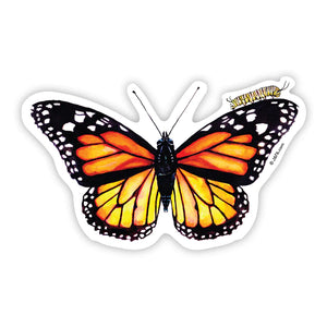 J6R6 US made 4.75" x 2.75" hand painted orange with black and white accents Monarch Butterfly decorative water, weather, scratch, and UV resistant clean, dry and smooth surfaces adhesive die-cut durable vinyl sticker against white background.
