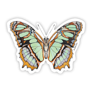 J6R6 US made 4" x 3" hand painted green with orange, blue, white, and black accents Malachite Butterfly decorative water, weather, scratch, and UV resistant clean, dry and smooth surfaces adhesive die-cut durable vinyl sticker against white background.