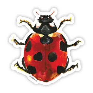 J6R6 US made 3.75" x 3.5" hand painted red and black Ladybug decorative water, weather, scratch, and UV resistant clean, dry and smooth surfaces adhesive die-cut durable vinyl sticker against white background.