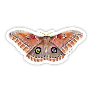 J6R6 US made hand painted orange with yellow, pink, white, and black accents Polyphemus Moth decorative water, weather, scratch, and UV resistant clean, dry and smooth surfaces adhesive die-cut durable vinyl sticker against white background.