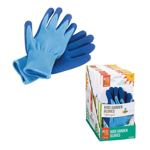 Toysmith blue stretchy Kids Gardening Gloves and white, orange, and green packaging on white background.