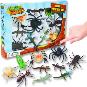 ThinAir Nature Bound Bug and Critter Set Realistic 10 piece 3” bugs and reptiles with scorpion, ant, grasshopper, chameleon, spotted gecko, giant spider, newt, lizard, giant bee and a black beetle in front of colorful box package with hand pointing at box on white background. 