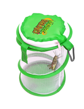 Load image into Gallery viewer, ThinAir 8&quot;h x 5&quot;w Pop Up Critter Catcher net cage with large zipper green lid, velcro latch, and carabiner clip for belt loop.
