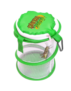 ThinAir 8"h x 5"w Pop Up Critter Catcher net cage with large zipper green lid, velcro latch, and carabiner clip for belt loop.