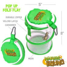 Load image into Gallery viewer, ThinAir 8&quot;h x 5&quot;w Pop Up Critter Catcher net cage with large zipper green lid, velcro latch, and carabiner clip for belt loop.
