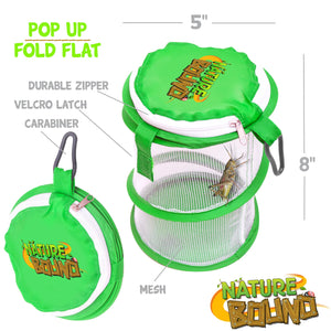 ThinAir 8"h x 5"w Pop Up Critter Catcher net cage with large zipper green lid, velcro latch, and carabiner clip for belt loop.