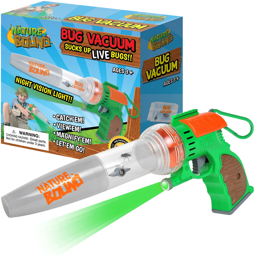 ThinAir Nature Bound battery operated green, orange, and brown bug-catching gun bug vacuum with built-in LED light, magnifier, belt clip, detachable core viewing capsule , triggered suction mechanism, and 1-inch suction opening automatic.