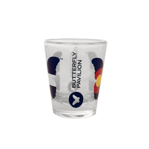 HALO 1.5oz clear shot glass with colorado flag inside butterfly and butterfly pavilion logo.