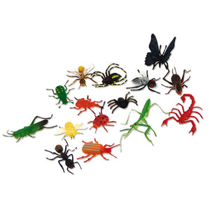 Insect Lore Bunch o' Bugs 18 realistic detailed over-sized insects such as beetles, caterpillars, spiders, ants, flies, and praying mantises laid out against white background.