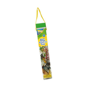 Insect Lore Bunch o' Bugs yellow handle, green top, and green and yellow label clear tube filled with 18 realistic detailed over-sized insects against white background.