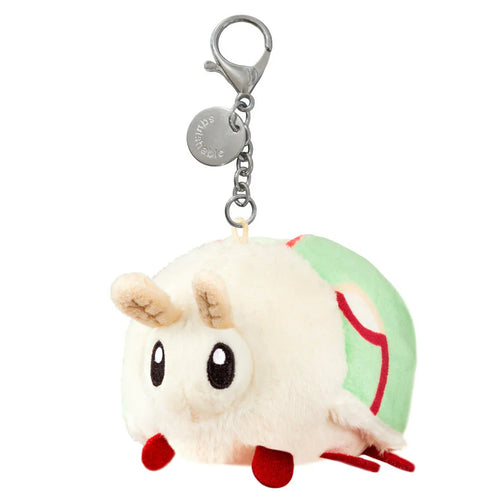 Squishables white with green and red accents fluffy round body Luna Moth Keychain with silver chain with latch against a white background.